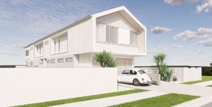 Elevate project render of a dual occupancy property at Miami Shore Parade, Miami. Front from side view.